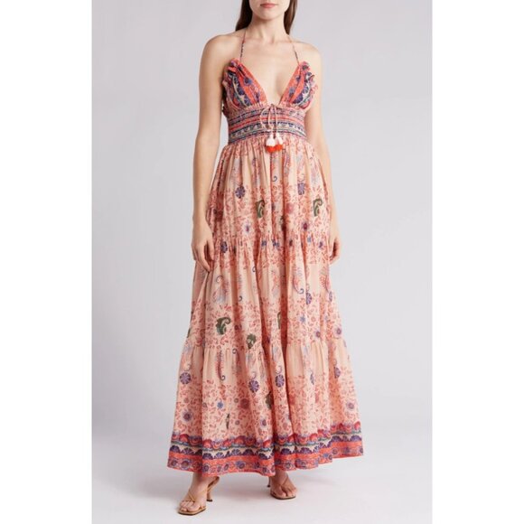 Anthropologie Dresses & Skirts - Raga Anthropologie Manisha Maxi Halter Dress V Neck‎ Tiered Ruffle Tassel Large